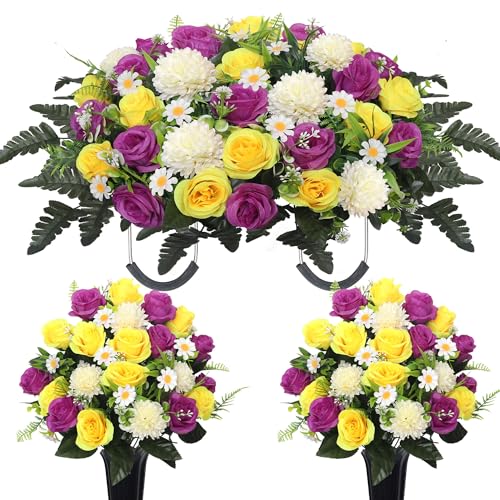 Wocst Cemetery Flowers for Grave,Headstone Flower Saddle 2sets Artificial 24 Heads Large Chrysanthemums Rose Daisy Bouquets with Cemetery Vases for Outdoor Grave Decorations (Purple Yellow, Large) - Image 1