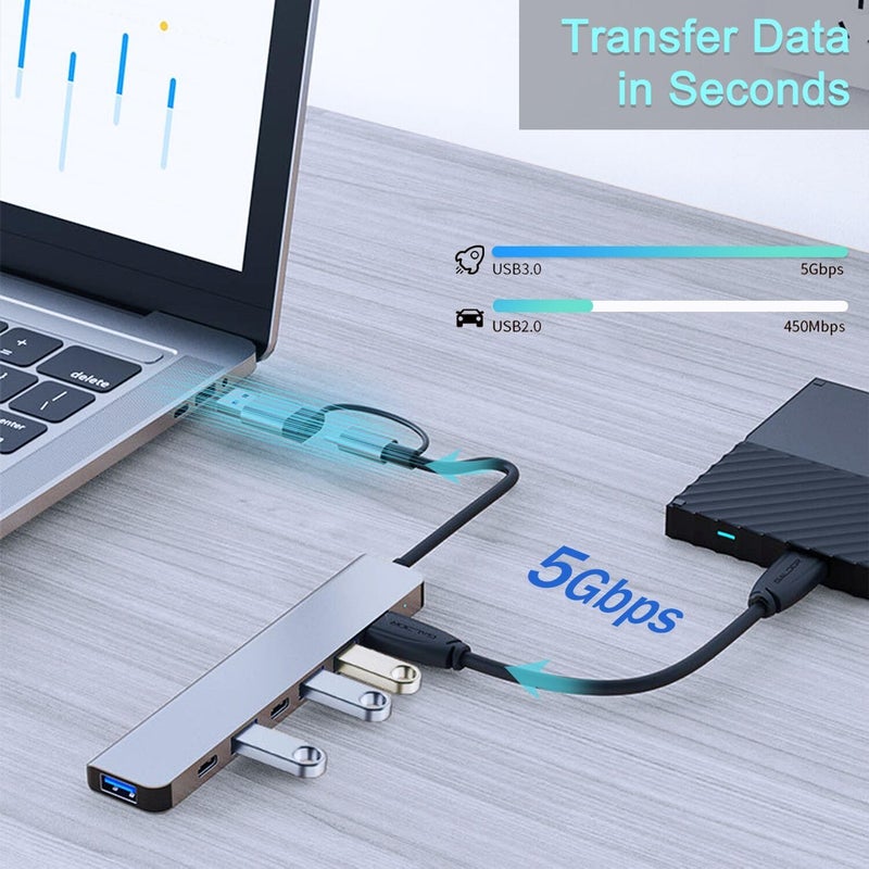 VIENON Aluminum USB C & USB Hub 7-in-1 with USB 3.0, USB-C Ports for PC/Laptops/MacBook Pro/Air/iMac/iPad and More Devices - Image 3