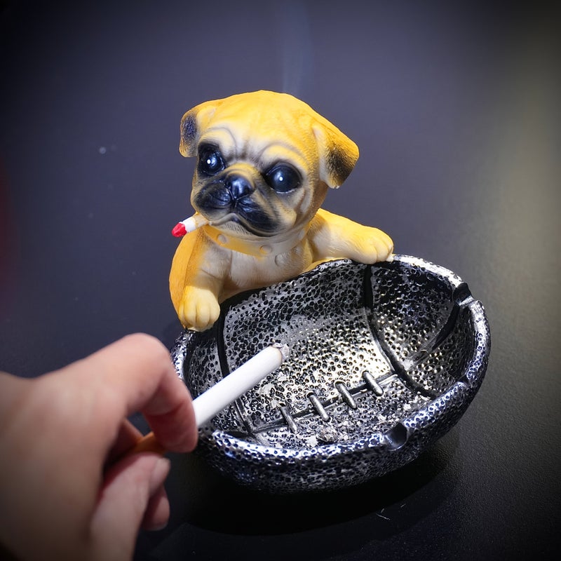 Brown Black Resin Pug Dog Ashtray Home Decor Piece With Built In Basket 1pc - Image 1
