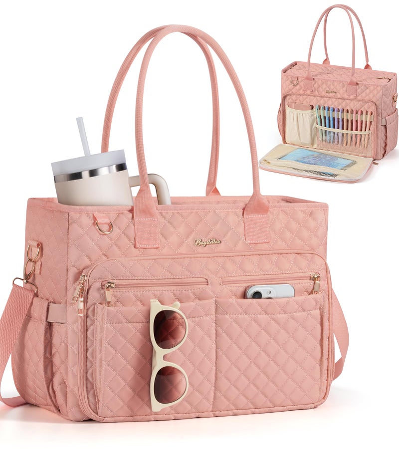 Bagstellar Teacher Tote Bags for Women, 15.6 inch Laptop Work Tote Nurse Bible Bag With Large Cup Holder & Insulated Pocket Quilted Shoulder Handbag Laptop Briefcase for Work, Daily, School, Travel, Gifts - Image 1