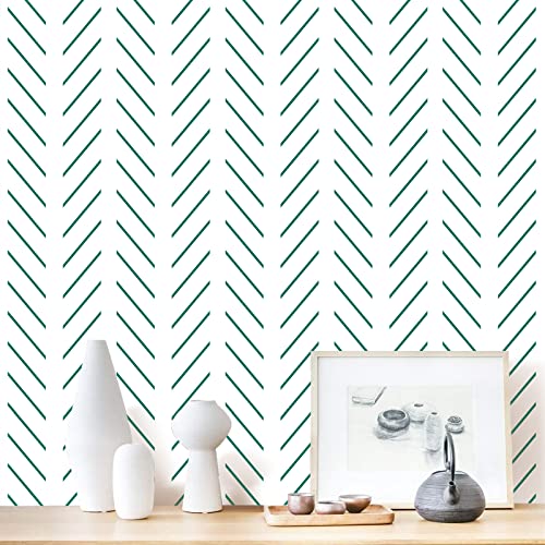 Erfoni Green and White Peel and Stick Wallpaper Herringbone Contact Paper for Bathroom 17.7inch x 118.1inch Modern Geometric Removable Wallpaper Peel and Stick Line Self Adhesive Contact Paper - Image 1