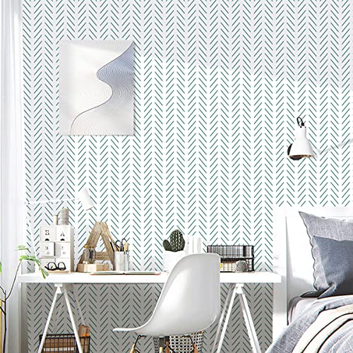 Erfoni Green and White Peel and Stick Wallpaper Herringbone Contact Paper for Bathroom 17.7inch x 118.1inch Modern Geometric Removable Wallpaper Peel and Stick Line Self Adhesive Contact Paper - Image 2