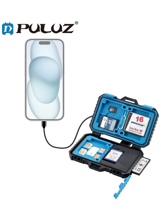 PULUZ memory card box with card reader function, can accommodate 22 types of cards: 1Standard SIM + 2Micro-SIM + 2Nano-SIM + 3CF + 7SD + 6TF + 1CARD PIN