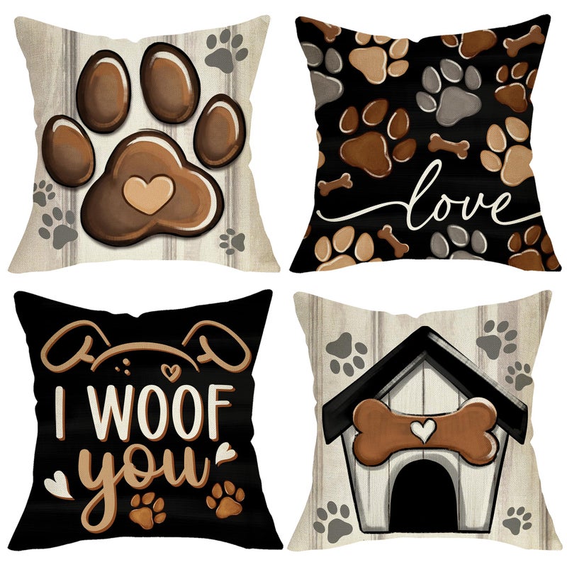 Fjfz Dog Paw Print Home Decorative Throw Pillow Covers 18 x 18 Set of 4, Black Dog House I Woof You Porch Outdoor Home Decor, Bone Farmhouse Rustic Couch Cushion Case Pet Lover Gifts - Image 1