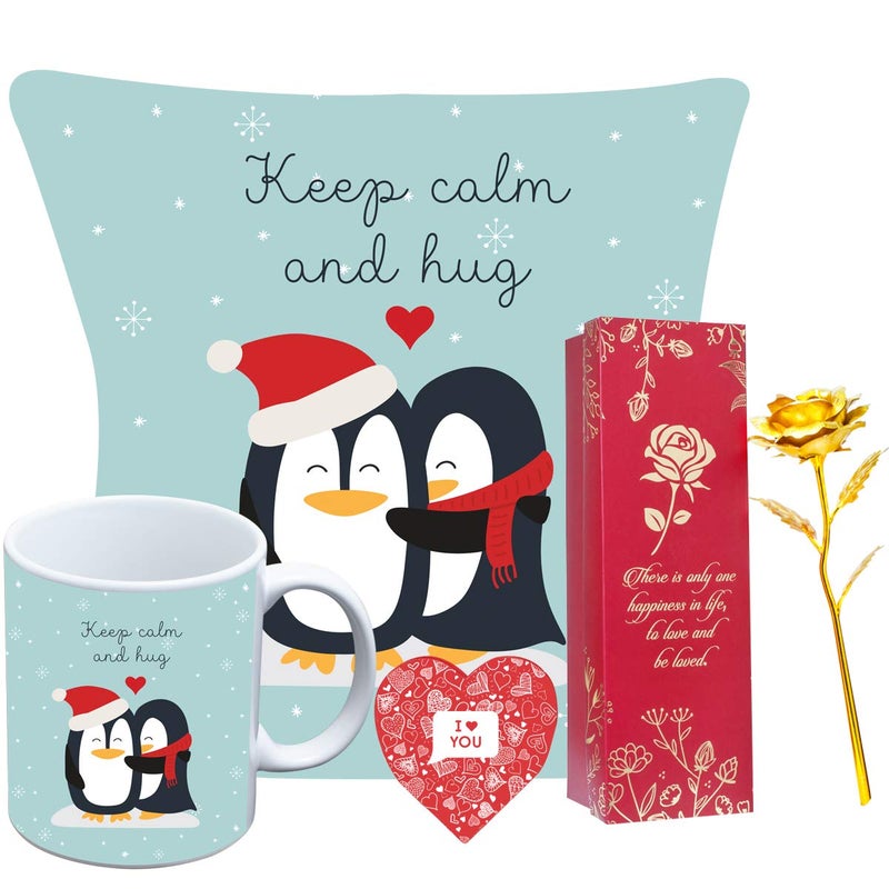 Next Bazaar Next Bazaar Valentines Day Keep Clam and Hug Quote Cushion Cover with FillerBlue 12 x 12 Mug 330 ml and 1 Artificial Rose Gift for GirlfriendBoyfriendWifeHusbandMenBirthday - Image 1