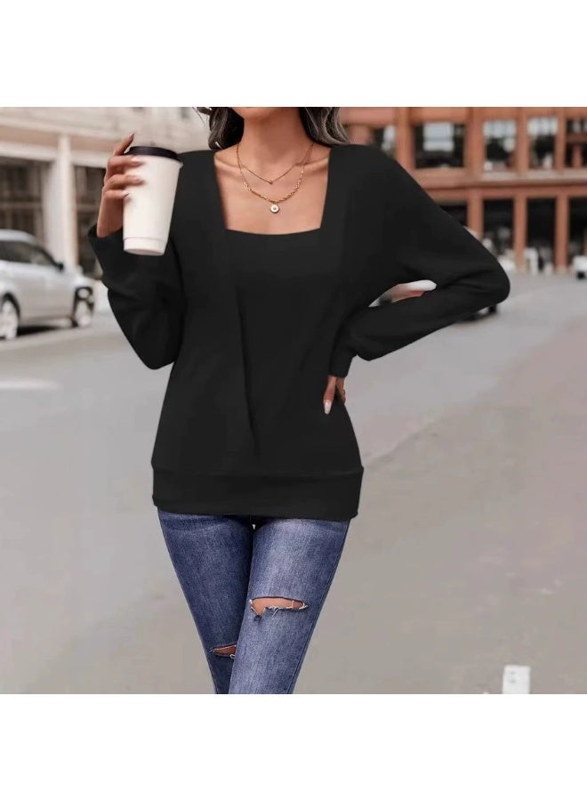 general 2025-2026 Autumn-Winter Solid-color Long-sleeved Square-neck Fake Two-piece Loose T-shirts - Image 1