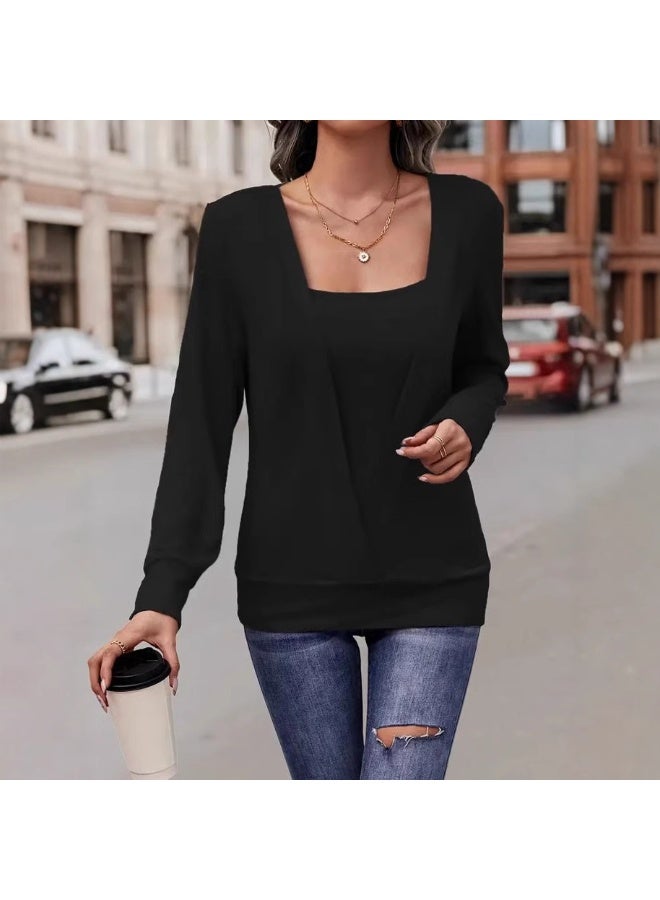general 2025-2026 Autumn-Winter Solid-color Long-sleeved Square-neck Fake Two-piece Loose T-shirts - Image 2
