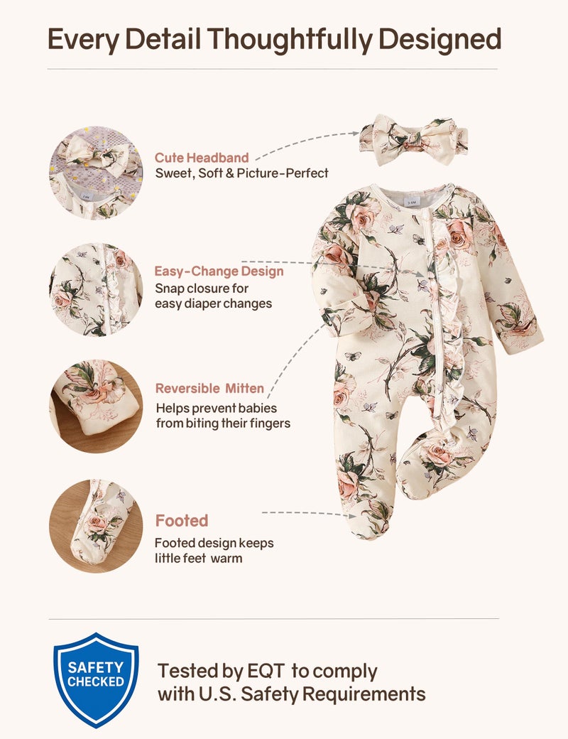 Yvowming Newborn Baby Girl Fall Winter Outfits Ruffle Jumpsuit Romper Infant Coming Home Outfit for Baby Girl (Beige Floral, 0-3 Months) - Image 4