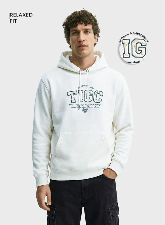 The Indian Garage Co Men Relaxed Fit Embroided Crew Neck Full Sleeves Overhead Hooded Sweatshirt