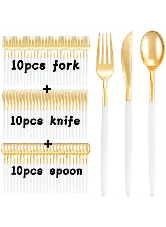 30 Pcs Premium Plastic White And Golden Cutlery Set Includes 10 Forks 10 Knives 10 Spoons Elegant Party And Wedding Cutlery Supplies - Image 1