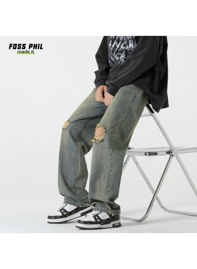 Foss Phil Men's Jeans, Autumn And Winter Versatile Retro Ripped Wide-leg Loose Casual Straight Pants, 502 Vintage Blue, Size L - Image 2