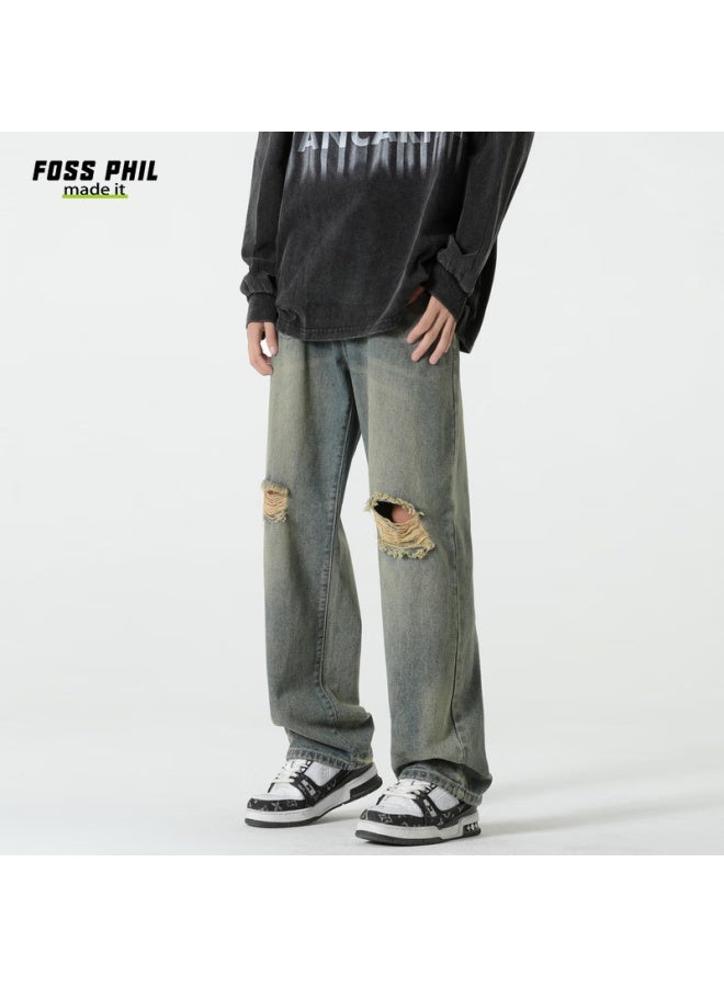 Foss Phil Men's Jeans, Autumn And Winter Versatile Retro Ripped Wide-leg Loose Casual Straight Pants, 502 Vintage Blue, Size L - Image 1