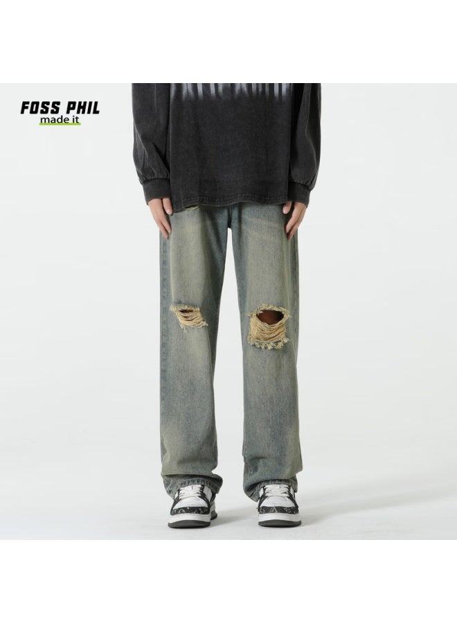 Foss Phil Men's Jeans, Autumn And Winter Versatile Retro Ripped Wide-leg Loose Casual Straight Pants, 502 Vintage Blue, Size L - Image 3