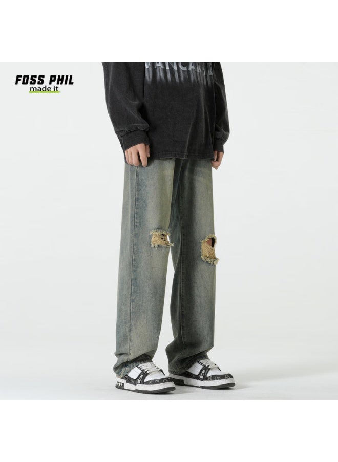 Foss Phil Men's Jeans, Autumn And Winter Versatile Retro Ripped Wide-leg Loose Casual Straight Pants, 502 Vintage Blue, Size L - Image 5