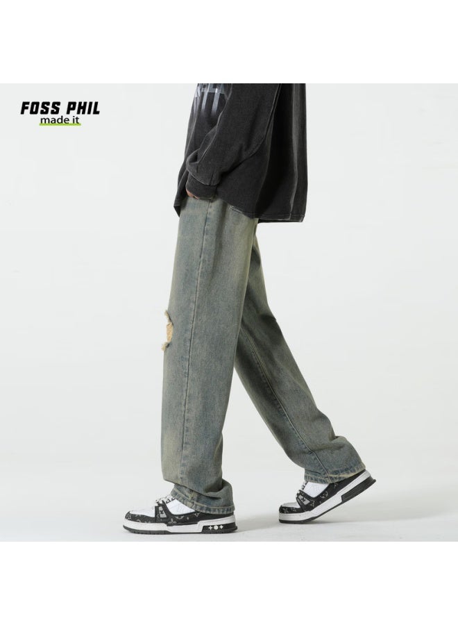 Foss Phil Men's Jeans, Autumn And Winter Versatile Retro Ripped Wide-leg Loose Casual Straight Pants, 502 Vintage Blue, Size L - Image 4