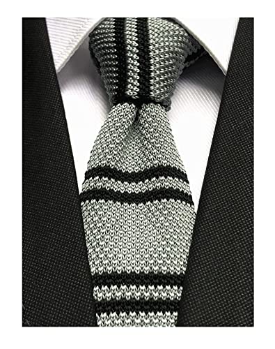 Elfeves Men Classic Grey Black Stripe Knit Silk Ties Designer Cotton Groomsmen Wedding Neckties Neckwear - Image 2