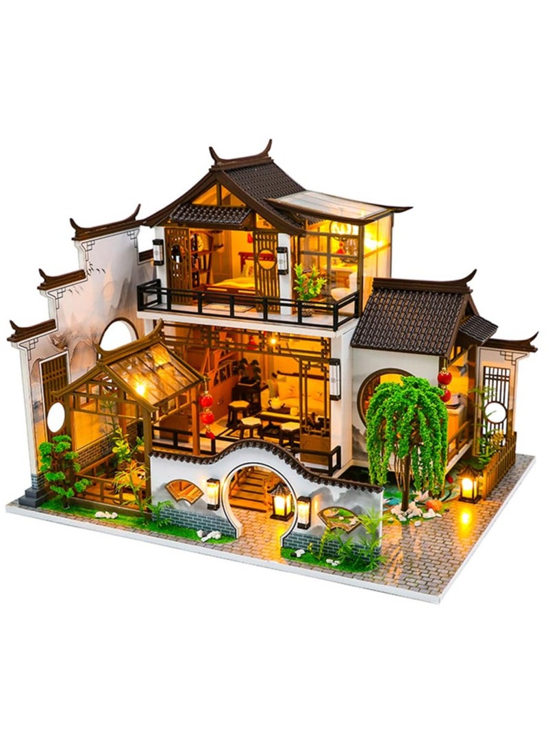 SYOSI Miniature House Kit DIY Mini Dollhouse, Green House with Furniture and LED, Large Ancient Style Wooden Dollhouse Includes Dustcover and Music Movement, Exquisite Home Decor - Image 1