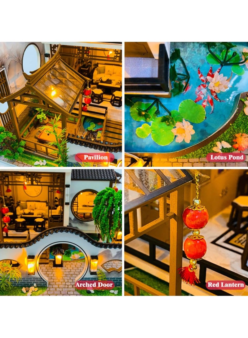 SYOSI Miniature House Kit DIY Mini Dollhouse, Green House with Furniture and LED, Large Ancient Style Wooden Dollhouse Includes Dustcover and Music Movement, Exquisite Home Decor - Image 3