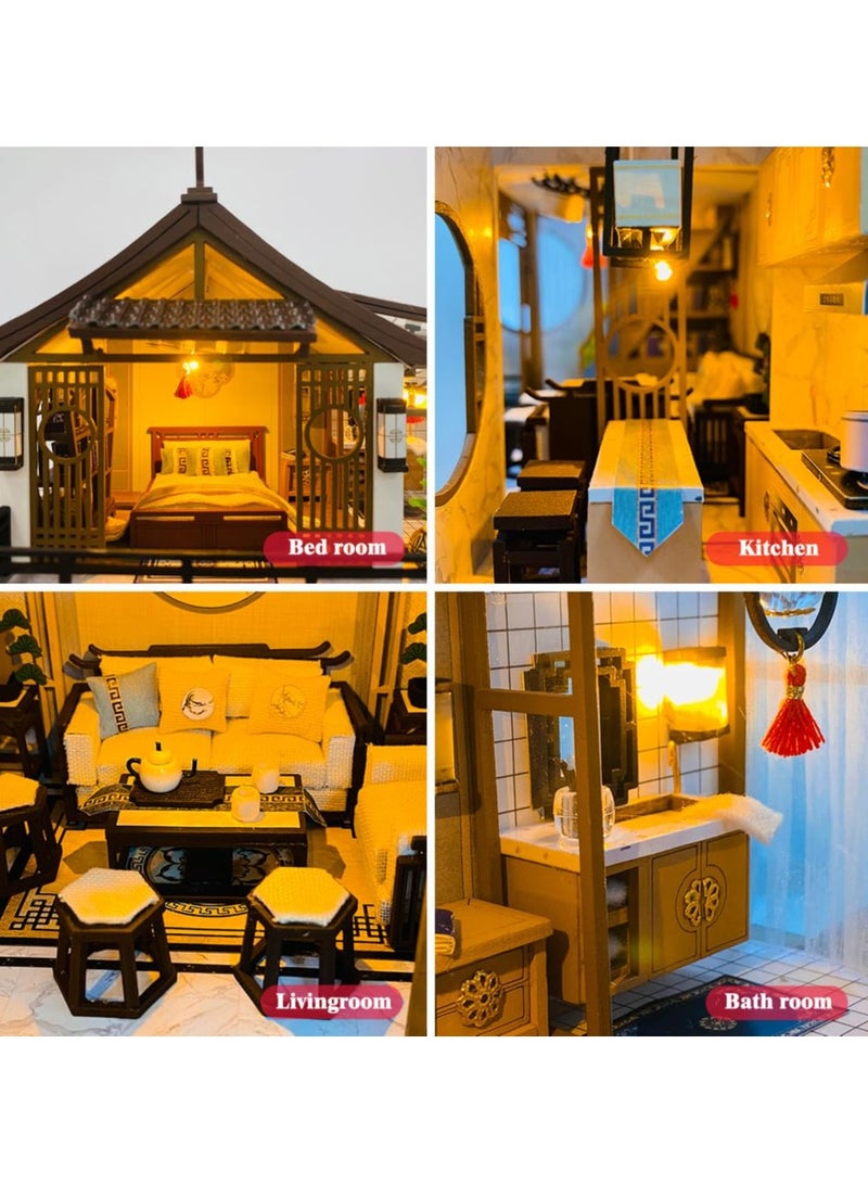 SYOSI Miniature House Kit DIY Mini Dollhouse, Green House with Furniture and LED, Large Ancient Style Wooden Dollhouse Includes Dustcover and Music Movement, Exquisite Home Decor - Image 4