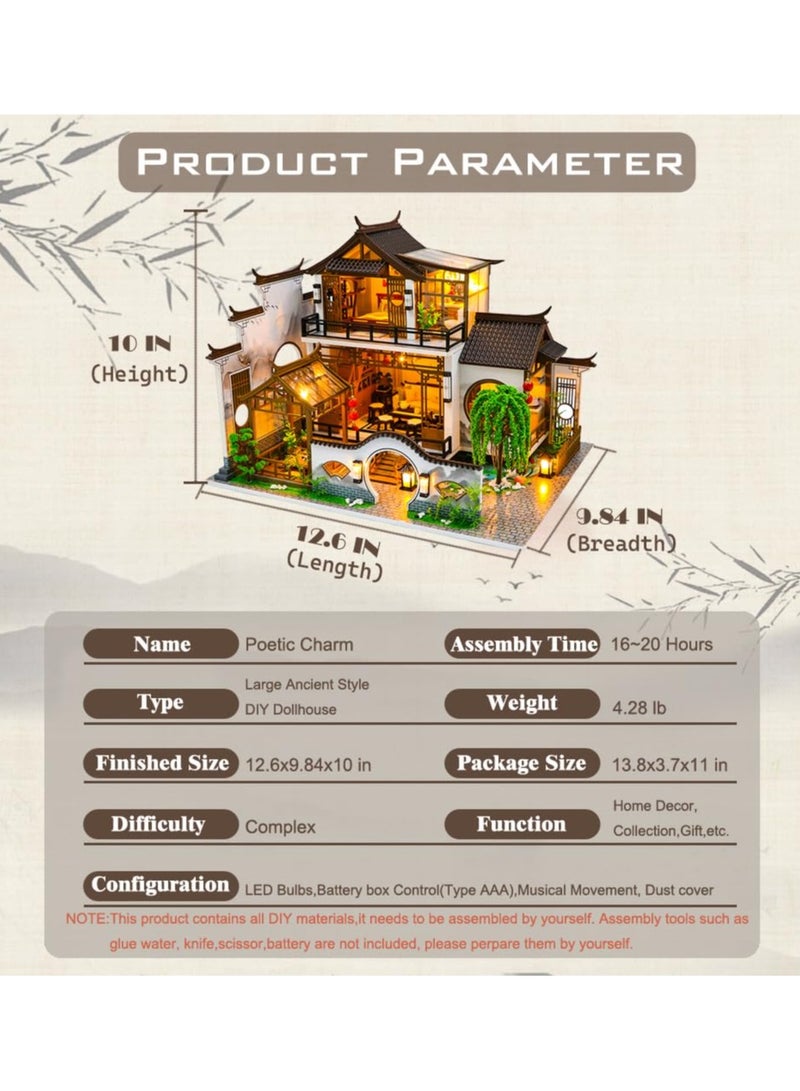 SYOSI Miniature House Kit DIY Mini Dollhouse, Green House with Furniture and LED, Large Ancient Style Wooden Dollhouse Includes Dustcover and Music Movement, Exquisite Home Decor - Image 5