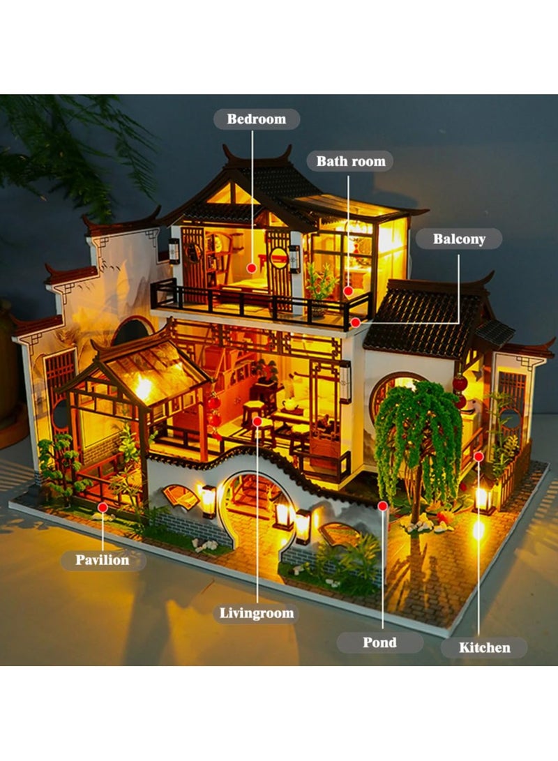 SYOSI Miniature House Kit DIY Mini Dollhouse, Green House with Furniture and LED, Large Ancient Style Wooden Dollhouse Includes Dustcover and Music Movement, Exquisite Home Decor - Image 2