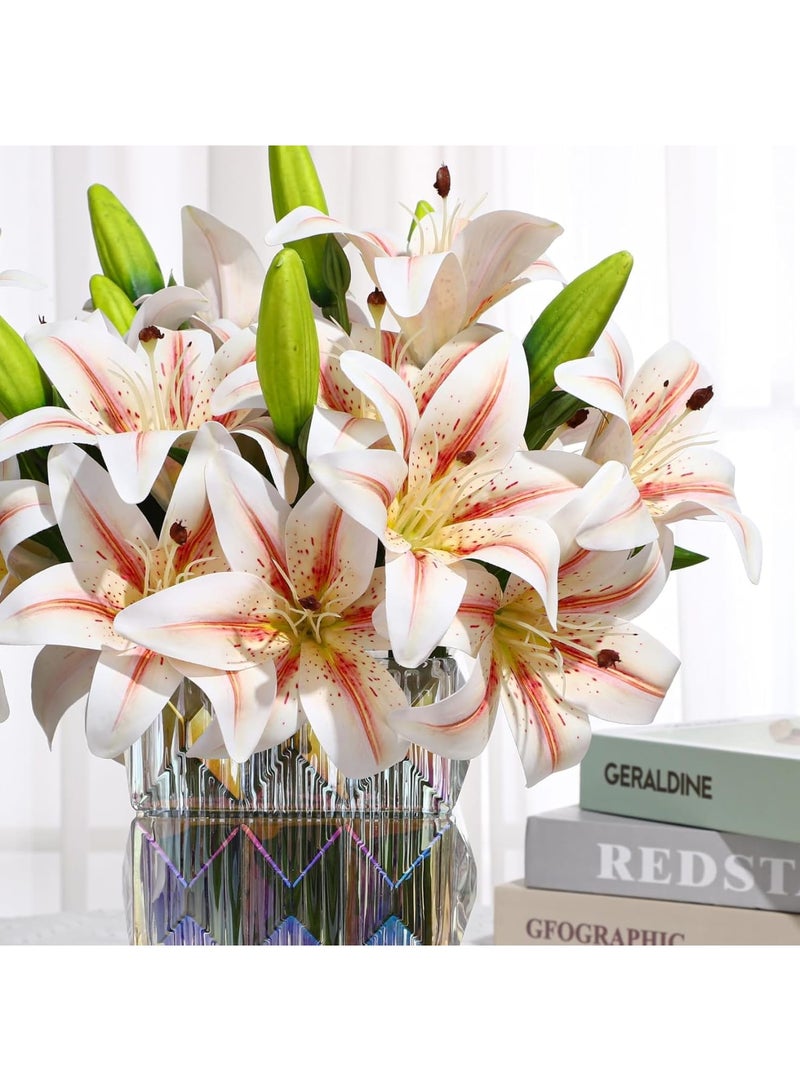 Luckam 8Pcs Artificial Lily Bouquet Set, Short Stem Faux Flowers with 16 Blooms and 8 Buds, Realistic Floral Arrangement forHome Decor, Wedding Centerpieces, Office, and Party Decoration (White/Pink) - Image 2