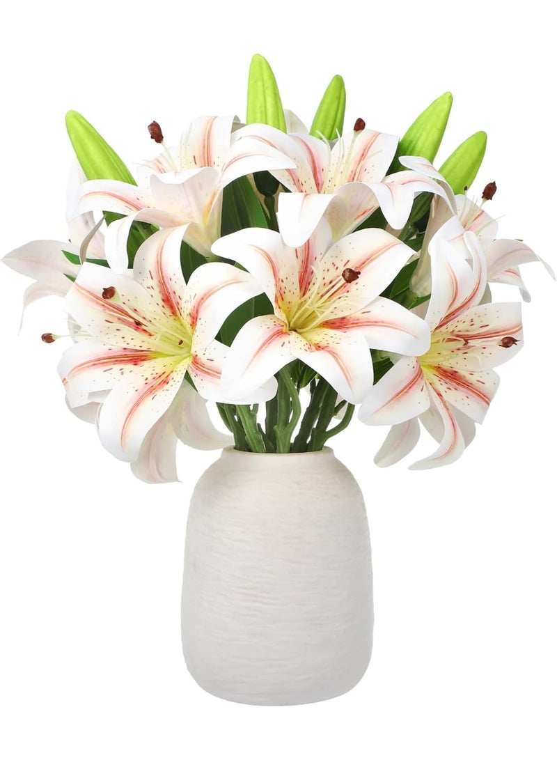 Luckam 8Pcs Artificial Lily Bouquet Set, Short Stem Faux Flowers with 16 Blooms and 8 Buds, Realistic Floral Arrangement forHome Decor, Wedding Centerpieces, Office, and Party Decoration (White/Pink) - Image 1