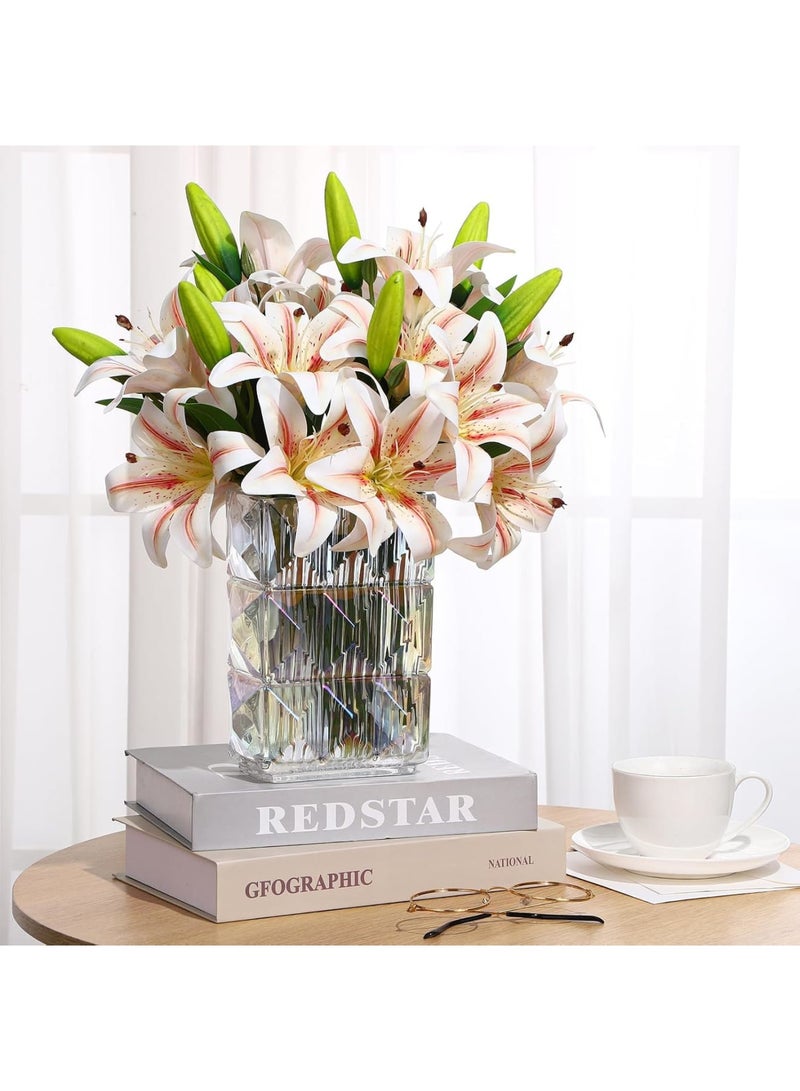 Luckam 8Pcs Artificial Lily Bouquet Set, Short Stem Faux Flowers with 16 Blooms and 8 Buds, Realistic Floral Arrangement forHome Decor, Wedding Centerpieces, Office, and Party Decoration (White/Pink) - Image 4