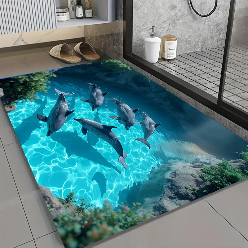 Quick Dry Absorbent Bathroom Mat 40x60 cm Non Slip Dolphin Ocean Theme - Image 4