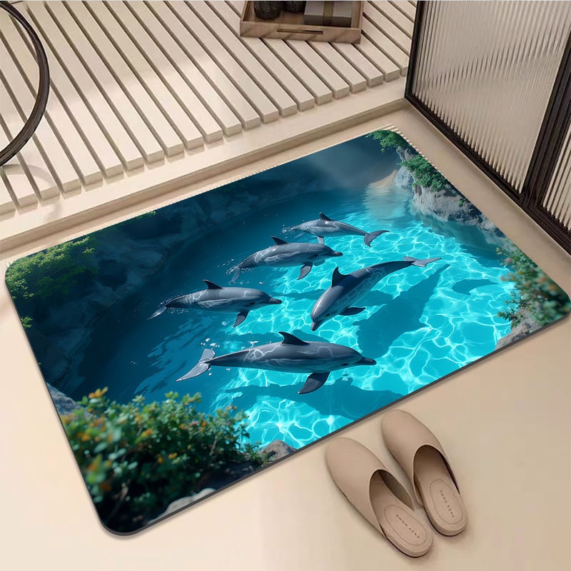 Quick Dry Absorbent Bathroom Mat 40x60 cm Non Slip Dolphin Ocean Theme - Image 1