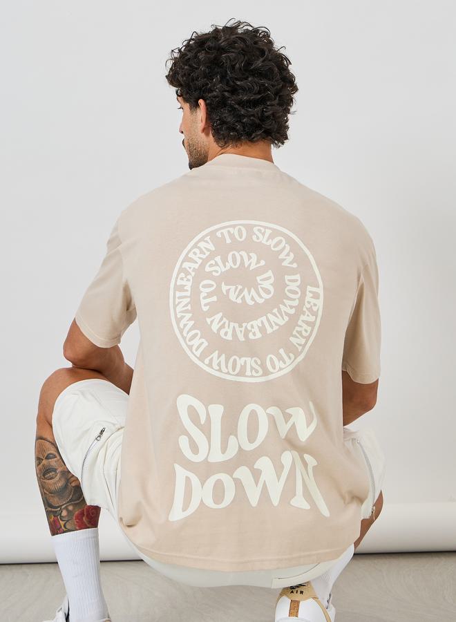 Styli Back Printed Oversized Cotton Rich T-Shirt with Mock Neck Detail  - Image 1