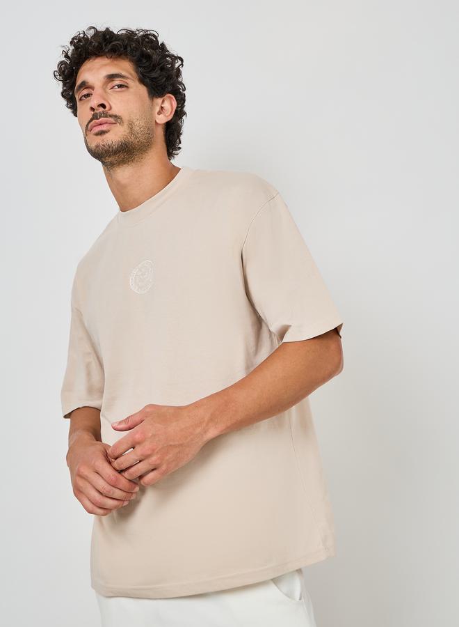 Styli Back Printed Oversized Cotton Rich T-Shirt with Mock Neck Detail  - Image 3