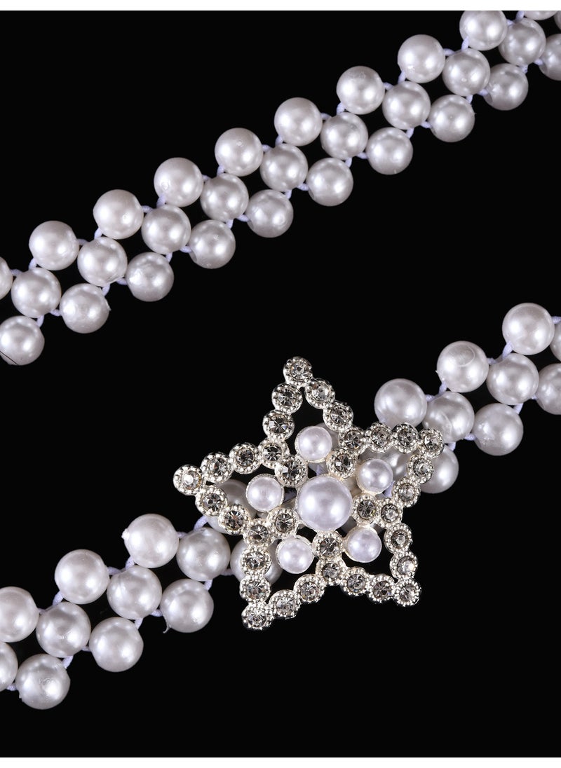 Generic - Pearl Waist Chain Women Fashion Dress Decorative Rhinestone Elastic Belt Korean Style Elegant Thin Belt three rows of five-pointed star silver - Image 1