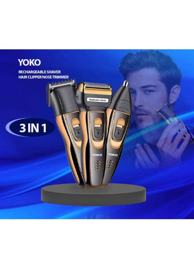 YOKO Yoko 3-in-1 Rechargeable Shaver, Hair Clipper & Nose Trimmer - Black & Gold for Ultimate Grooming - Image 1