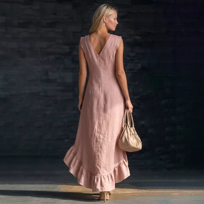 2026 European American Fashion Romantic Sleeveless V-Neck Ruffle Hem Cotton Linen Long Dress - Image 3