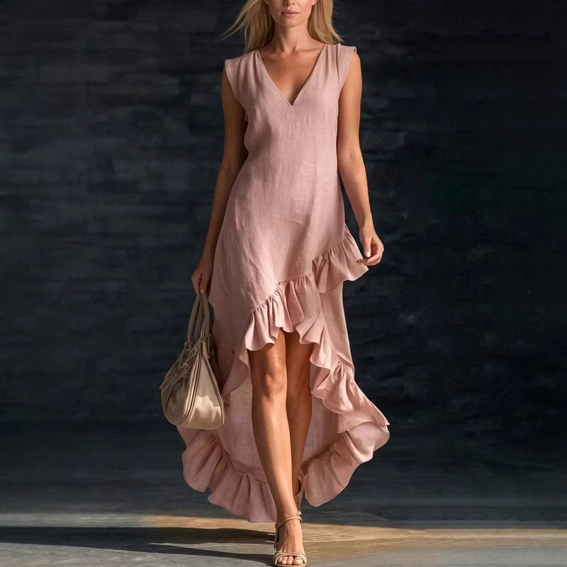 2026 European American Fashion Romantic Sleeveless V-Neck Ruffle Hem Cotton Linen Long Dress - Image 2