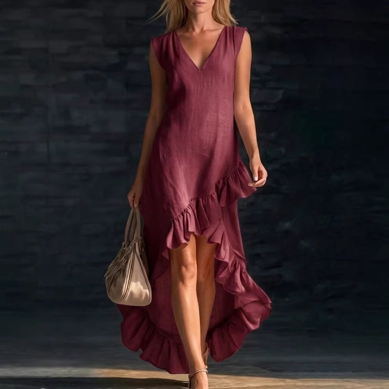 2026 European American Fashion Romantic Sleeveless V-Neck Ruffle Hem Cotton Linen Long Dress - Image 4