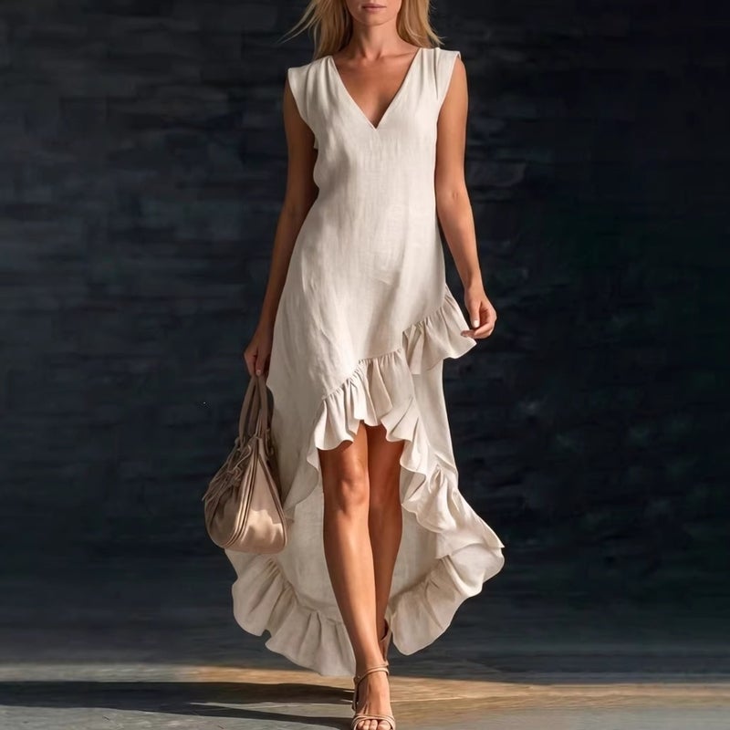 2026 European American Fashion Romantic Sleeveless V-Neck Ruffle Hem Cotton Linen Long Dress - Image 1