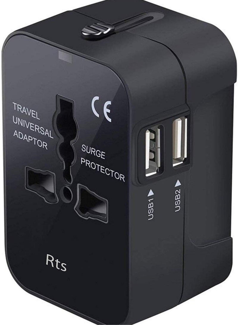 محول سفر عالمي مزدوج USB، محول سفر عالمي شامل وشاحن حائط مع منافذ USB مع منفذ طاقة متعدد الأنواع USB 2.1A، شاحن سفر 100-250 فولت (أسود) - Image 1