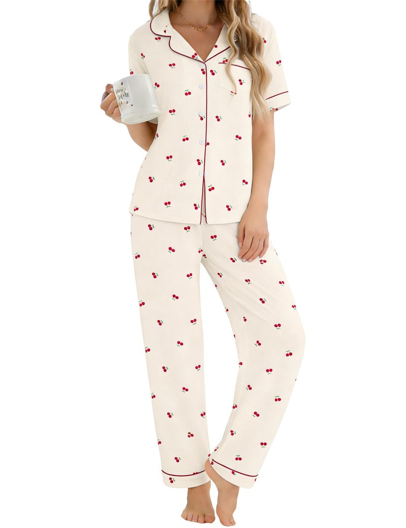 SWOMOG Women's 2 Piece Pajama Sets Shorts Sleeve Pajamas Cute Pj Set Lounge Matching Pjs Button Shirt with Long Pants Beige Cherry Medium - Image 1
