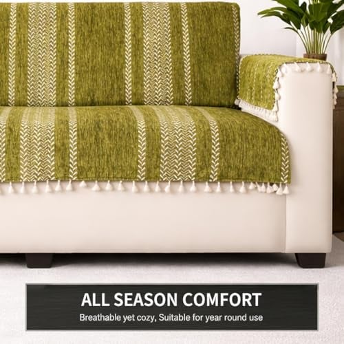 STITCHNEST Chenille Printed Sofa Cover 3 Seater with 2 Hand Rest Covers – Washable Green Sofa Cover with Tassels – Durable Premium Fabric – Stylish Sofa Protector for Living Room & Furniture Decor - Image 5
