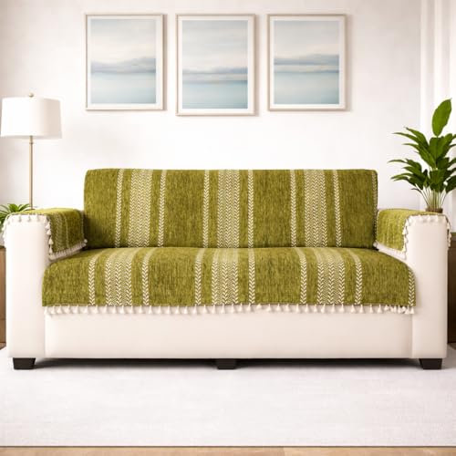 STITCHNEST Chenille Printed Sofa Cover 3 Seater with 2 Hand Rest Covers – Washable Green Sofa Cover with Tassels – Durable Premium Fabric – Stylish Sofa Protector for Living Room & Furniture Decor - Image 1