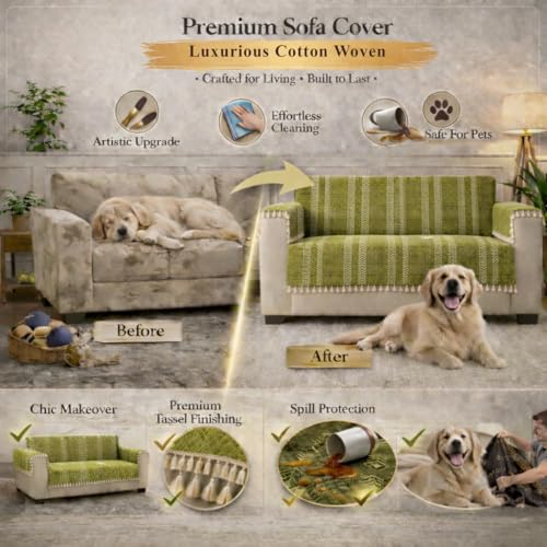 STITCHNEST Chenille Printed Sofa Cover 3 Seater with 2 Hand Rest Covers – Washable Green Sofa Cover with Tassels – Durable Premium Fabric – Stylish Sofa Protector for Living Room & Furniture Decor - Image 4