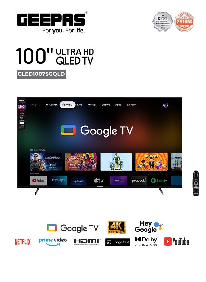 GEEPAS 100" Ultra HD QLED Smart Google TV | Advanced Search, Voice Remote, HDMI/USB, HQ Sound & AV Modes  - Image 1