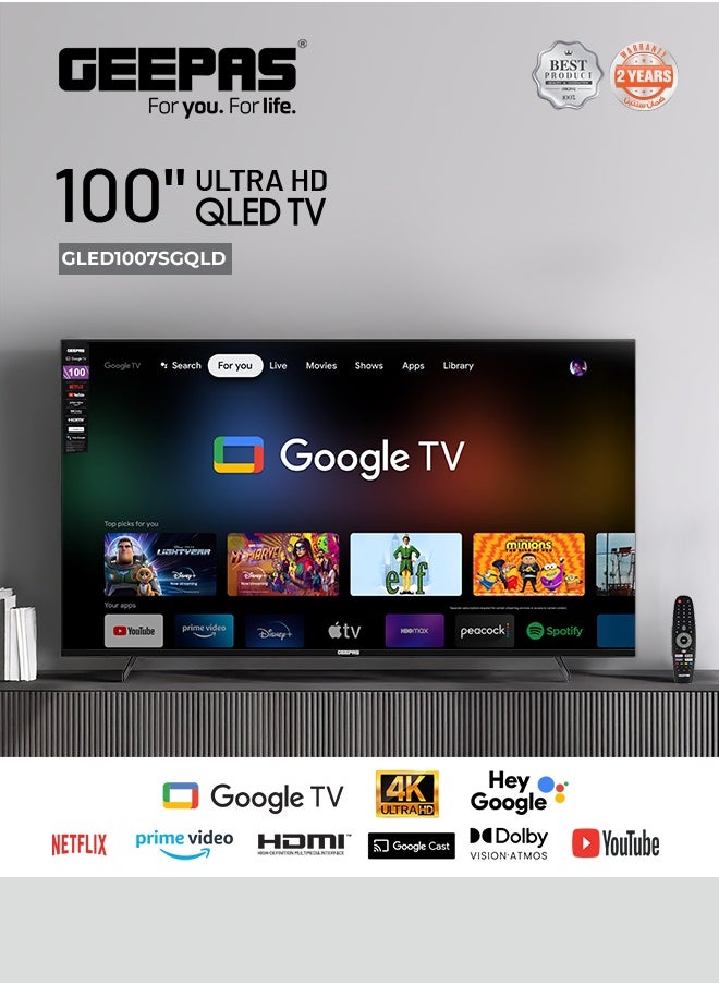 GEEPAS 100" Ultra HD QLED Smart Google TV | Advanced Search, Voice Remote, HDMI/USB, HQ Sound & AV Modes  - Image 2