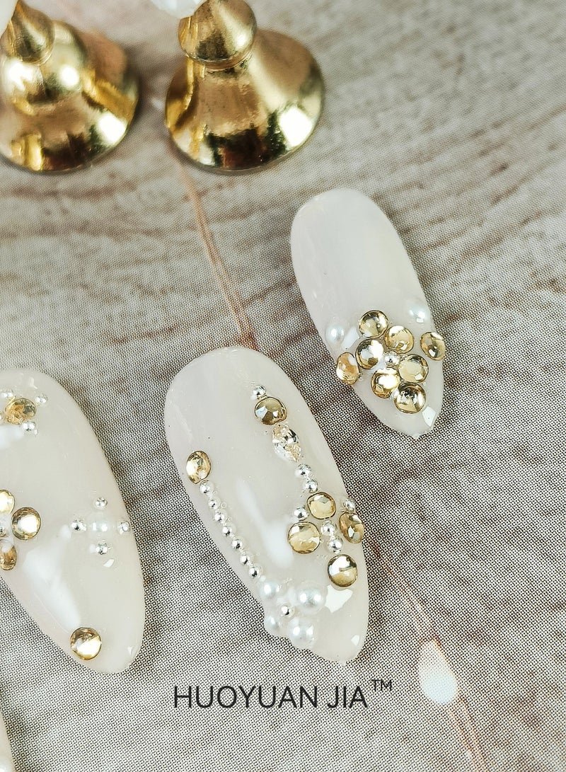 HUOYUAN JIA 10 Pieces Handmade Press On Nails,Reusable and Removable Almond Shape False Nails,Pearl Like Surface Decoration with Golden Rhinestones,Comes with A Rubbing Strip and A Piece of Jelly Glue for Fashionable Women's Holiday Gifts,False Nail Set  - Image 5