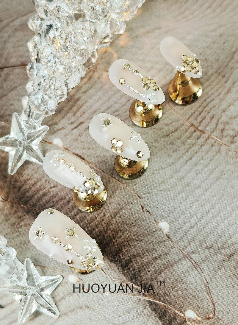HUOYUAN JIA 10 Pieces Handmade Press On Nails,Reusable and Removable Almond Shape False Nails,Pearl Like Surface Decoration with Golden Rhinestones,Comes with A Rubbing Strip and A Piece of Jelly Glue for Fashionable Women's Holiday Gifts,False Nail Set  - Image 4