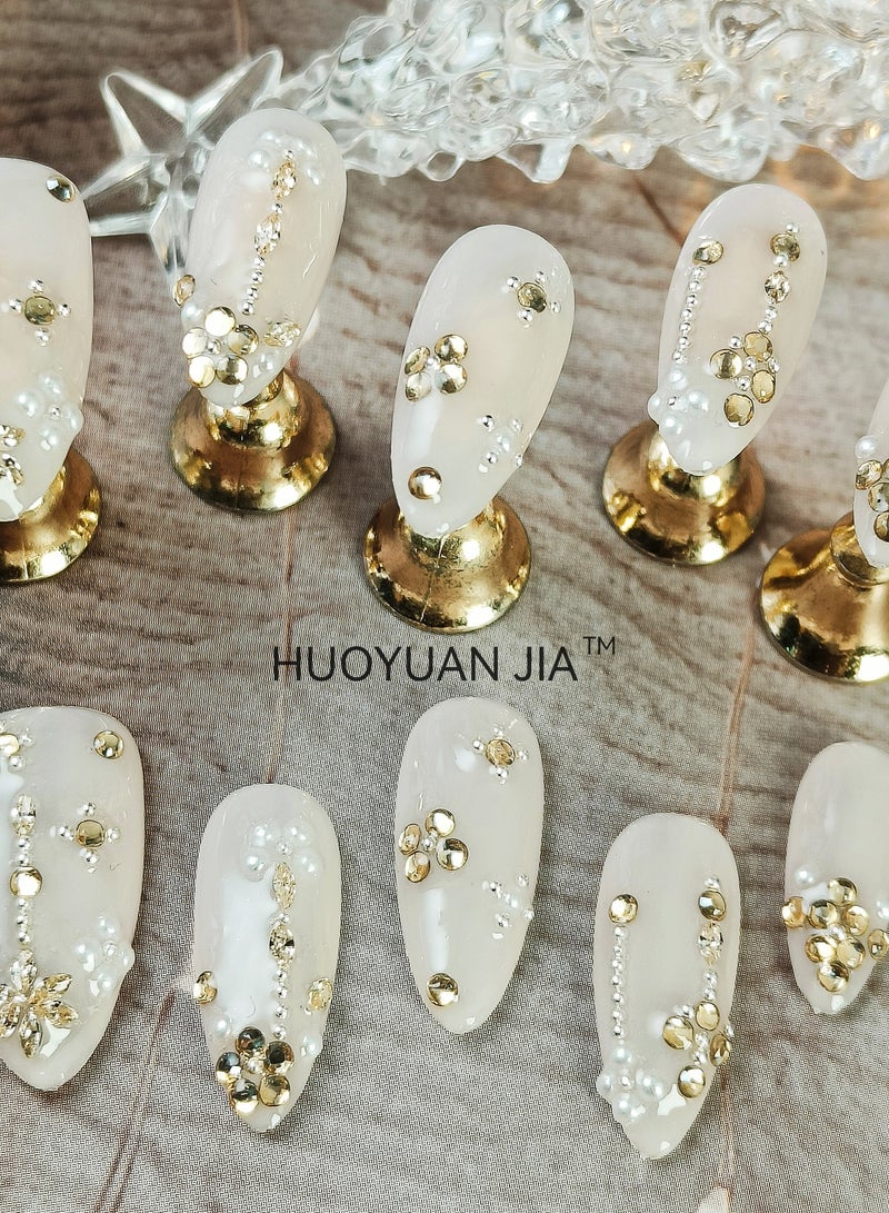 HUOYUAN JIA 10 Pieces Handmade Press On Nails,Reusable and Removable Almond Shape False Nails,Pearl Like Surface Decoration with Golden Rhinestones,Comes with A Rubbing Strip and A Piece of Jelly Glue for Fashionable Women's Holiday Gifts,False Nail Set  - Image 3