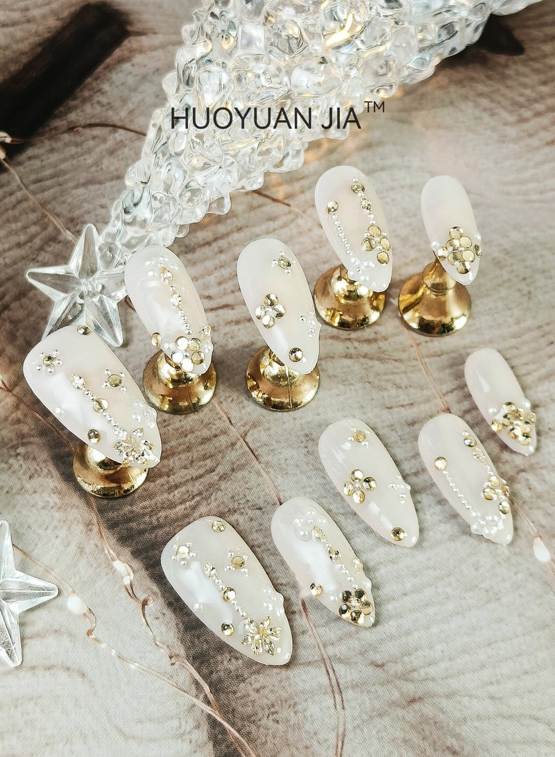 HUOYUAN JIA 10 Pieces Handmade Press On Nails,Reusable and Removable Almond Shape False Nails,Pearl Like Surface Decoration with Golden Rhinestones,Comes with A Rubbing Strip and A Piece of Jelly Glue for Fashionable Women's Holiday Gifts,False Nail Set  - Image 2