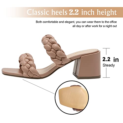 Athlefit Women's Braided Heeled Sandals Strappy Square Open Toe Heels Backless Mules Slip On Block Heels Nude Size 9 - Image 3